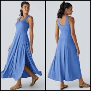 HALARA U Neck Flowy Maxi Casual Tank Dress Sky Blue Floral Yarn Sleeveless XL